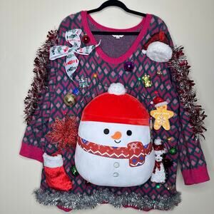Ugly Christmas Sweater Squishmallow Snowman LIGHTS UP Tinsel Party Winner Sz 2X